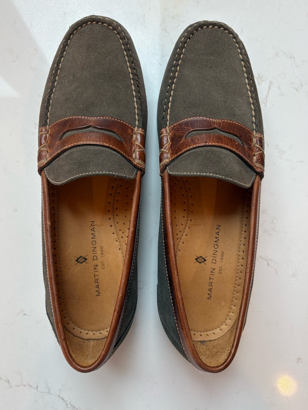 EUC Martin Dingman Gray Suede and Brown Leather Penny Loafers. Size 11.